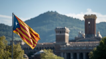 The Catalan flag waves in the breeze, prominently displayed against the backdrop of a historic building. This colorful Catalan flag symbolizes regional pride and historical signifi