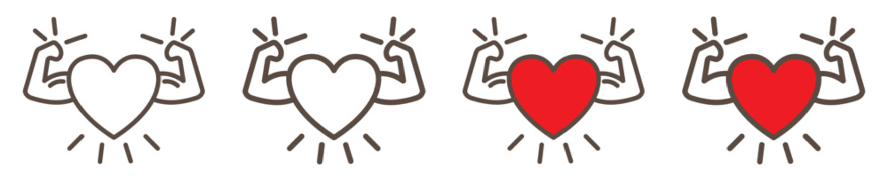 Strong healthy heart icons set isolated on transparent background. Linear and solid symbols of cardio health, sport, wellness, and medical care. Editable stroke.