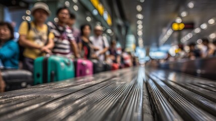Obraz premium Travelers stand in line at the busy airport baggage claim, each waiting for their luggage to arrive. The excitement and anticipation are evident as the travelers hope to retrieve t