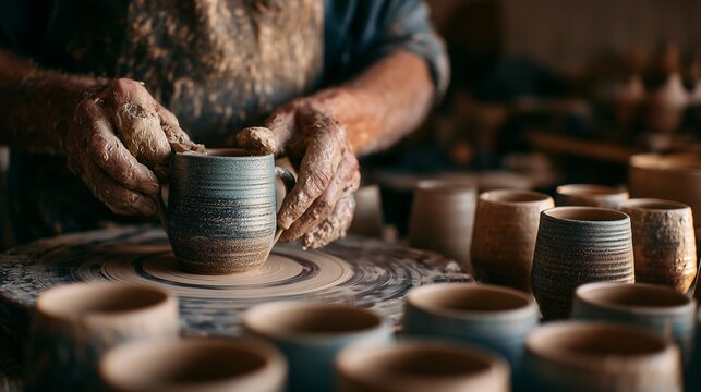 A man carefully molds a clay cup at a pottery wheel, emphasizing skill and creativity. The man’s hands are covered in clay, highlighting the intricate process of pottery making.