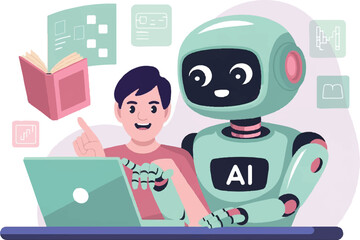 Ai robot assistant holding book and learning from data. Characters teaching Ai robot assistant from data. Budget planning and savings set. 