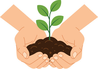Two cupped hands gently holding a small green plant with soil, symbolizing growth and care.
