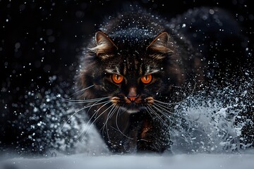 Dramatic close-up of black long-haired cat with glowing orange eyes walking through snow at night, snowflakes falling and swirling around creating magical winter atmosphere.