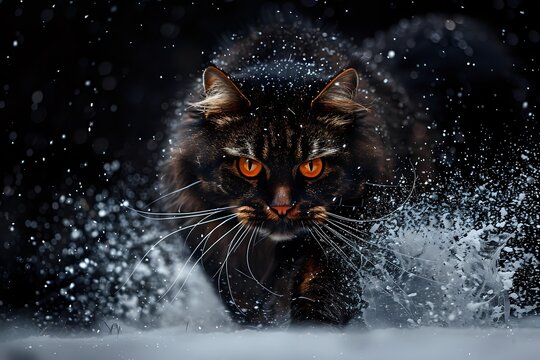 Dramatic close-up of black long-haired cat with glowing orange eyes walking through snow at night, snowflakes falling and swirling around creating magical winter atmosphere. - Powered by Adobe