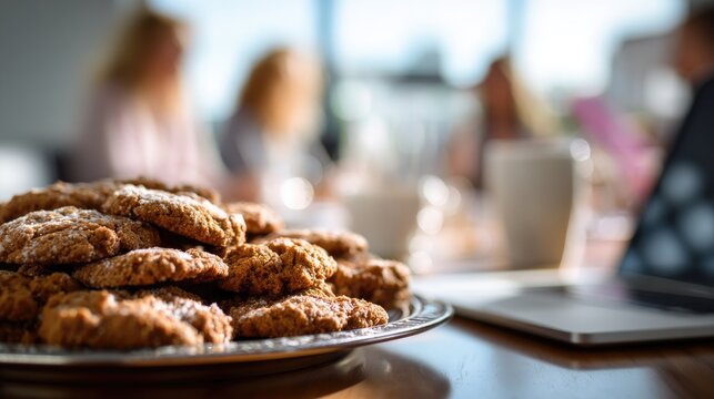 Coworkers enjoying cookies during meeting with laptop nearby  