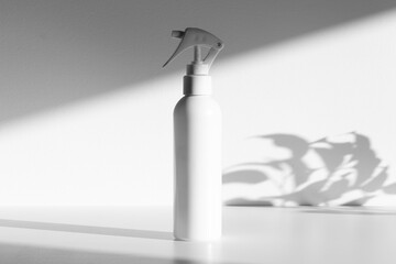White cosmetic trigger sprayer bottle mockup, shadow overlay, direct sunlight