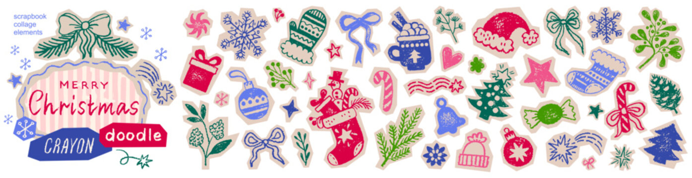 Christmas whimsical doodle icons. Xmas sticker illustration bg. Christmas collage and scrapbook set with frame. Xmas tree, Santa hat, bow, stockings, gift. Holiday whimsical vector pattern, winter fun