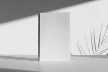 White hardcover notebook mockup, shadow overlay, sunlight