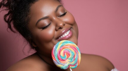 Plus-size woman smiling while holding colorful lollipop on pink background  