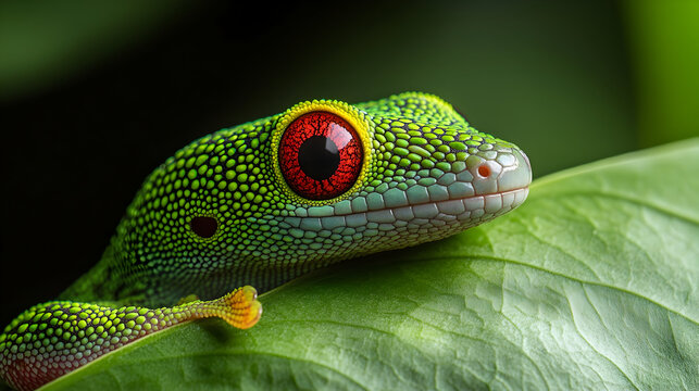 Green gecko resting on a leaf - Powered by Adobe