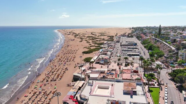 Maspalomas, Gran Canaria, Canary Islands, Spain: Aerial view of English beach (Playa del Ingl&eacute;s), perfect for travel and tourism marketing - landscape panorama of  Atlantic Ocean islands from above
