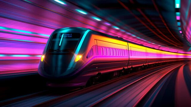 Modern high speed train, blurring through a colorful tunnel.
