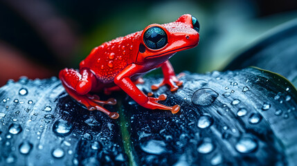 Red frog on wet leaf macro view