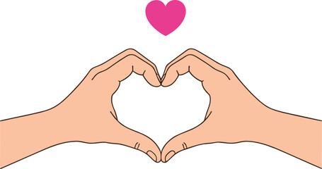 Fototapeta premium Two hands forming heart shape with pink symbol above representing love, unity, care, emotional connection, and relationship cartoon illustration