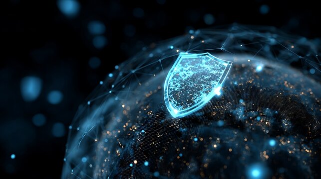 Digital globe with connected fintech nodes, protected by holographic credit card shield, glowing blue cyber network