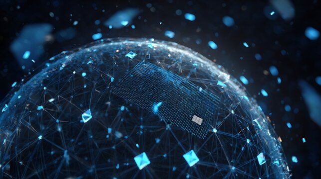 Digital globe with connected fintech nodes, protected by holographic credit card shield, glowing blue cyber network