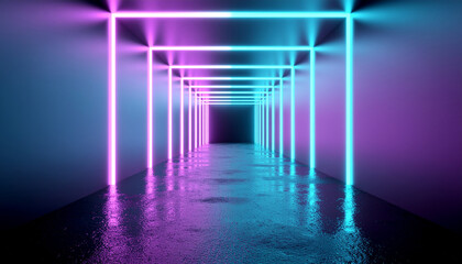 Futuristic neon-lit corridor with symmetric pink and cyan grid lights, glossy reflective floor and deep vanishing point, evoking cyberpunk digital aesthetics and infinite depth.