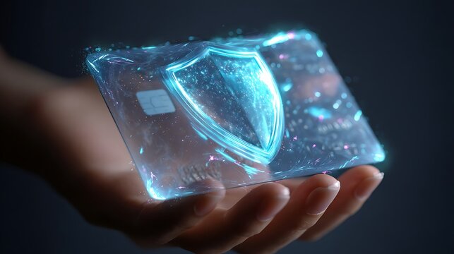 Hand holding a transparent credit card surrounded by a holographic digital shield, secure payment technology
