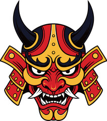 Illustration of a fierce red and gold samurai mask with black horns, showcasing intricate details and a menacing expression.