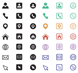 Business card contact icon set for website and branding. Contact us icon pack for website and mobile. Business card contact symbols in vector style. Website contact icons. vector, icons