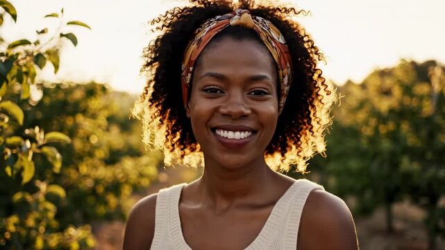 Young Black woman with natural curly hair and patterned headband smiles warmly in golden-hour light amid a lush orchard, wearing a sleeveless knit top, radiating relaxed confidence and joyful serenity