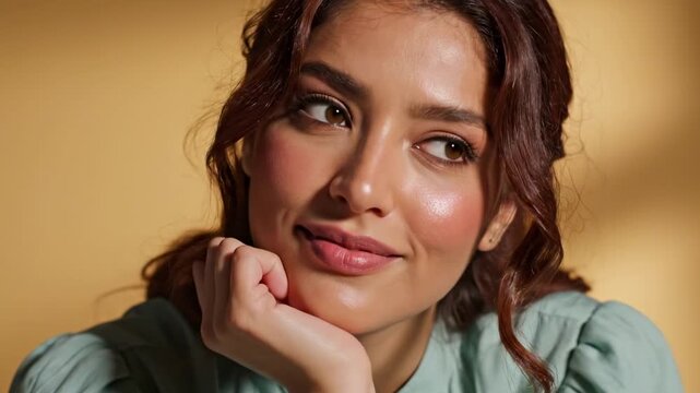 Portrait of a young woman with warm skin tones and soft makeup, gazing thoughtfully to the side. She rests her chin on her hand, hair loosely styled, wearing a minty blouse on sunlit neutral backdrop