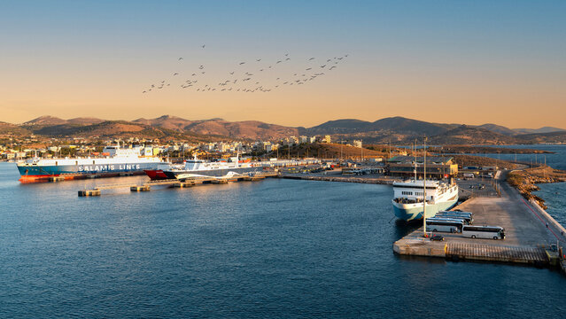Lavrion, Greece - August 24, 2025: Lavrion Port Sunset, Athens Riviera, Greece