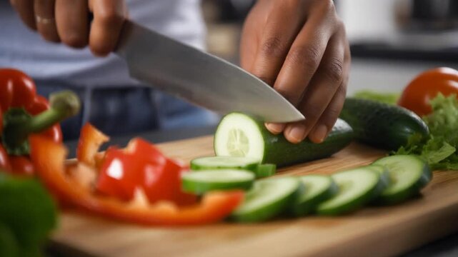 A close-up view of hands skillfully chopping a variety of fresh vegetables on a wooden cutting board. The vegetables include vibrant red bell peppers, crisp cucumbers, and leafy greens.
