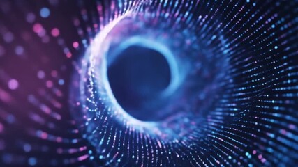Abstract representation of a swirling vortex made of vibrant digital particles, creating a mesmerizing visual effect, suggesting a journey through a futuristic digital landscape