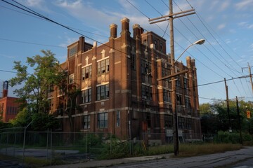 Obraz premium Old abandoned brick building stands decaying with broken windows, overgrown weeds, and power lines crisscrossing the sky