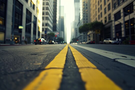 Ground level view of double yellow lines stretching into the distance on a city street - Powered by Adobe