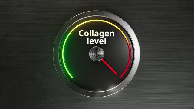 dial gauge showing collagen level closeup on brushed metal with glowing green yellow red arc and red needle, cosmetic clinician assessing skin elasticity and peptide supplement efficacy