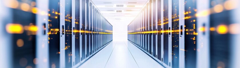 Fototapeta premium Rows of server racks with glowing lights create a futuristic data center corridor