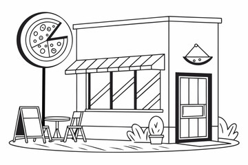 a flat-style vector illustration of a pizza restaurant exterior in black and white, with a circular sign showing a pizza slice, window seating, and an open sign. Outlined in clean black lines 