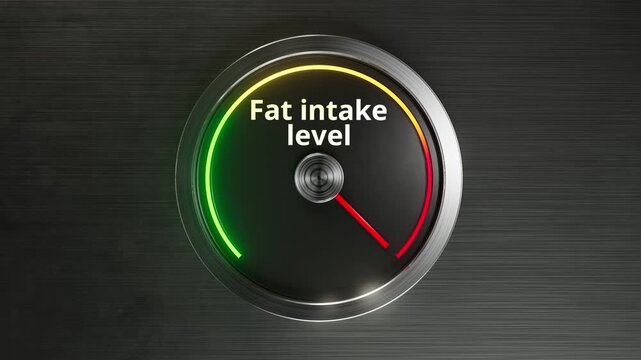 dial gauge showing fat intake level closeup on satin metal plate with bright green yellow red arc and needle, dietary coach reviewing fat consumption, cholesterol risk and meal planning