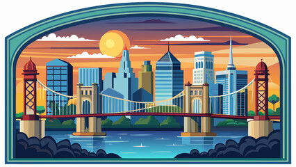 Very beautiful Wilmington skyline framed by the Delaware Memorial Bridge, viewed from New Jersey across the Delaware River, showing modern city buildings and reflections under a calm evening sky.