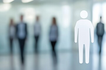 White human silhouette symbol on glass with blurred business people walking indoors