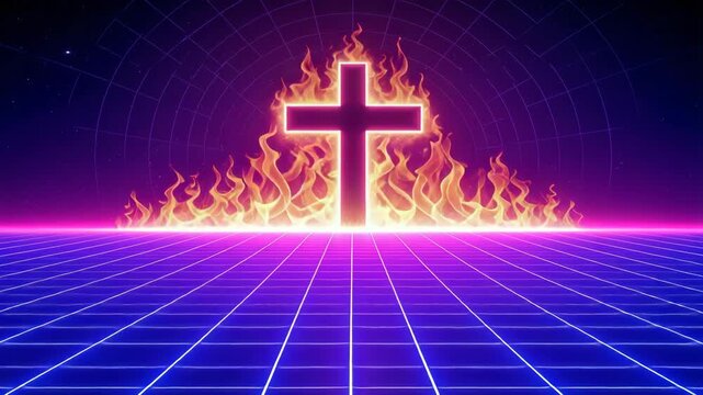 Christian cross burning with retro synthwave grid.