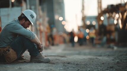 A man sits on the ground, appearing reflective and tired after a long day at a construction site. The construction site is filled with activity, showcasing various workers in the b