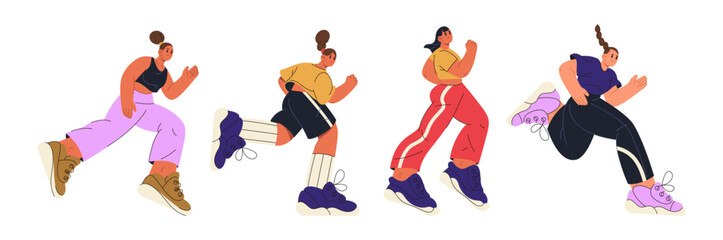 Naklejka na ściany i meble Marathon or sprint runners, isolated people running and exercising. Vector in flat style, men and women keeping fit and training. Sportive athletes, jogging in group, young cool characters in motion Naklejka na ściany i meble Marathon or sprint runners, isolated people running and exercising. Vector in flat style, men and women keeping fit and training. Sportive athletes, jogging in group, young cool characters in motion