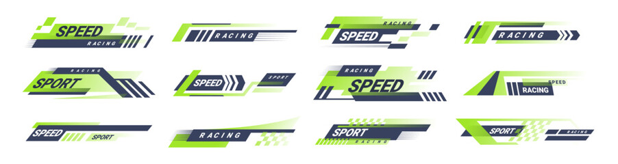 Racing car design, isolated set of race lines for vehicle decoration. Vector in flat style, stickers or stripes for formula 1 drivers, competition and championship. Flag logotype and slogans