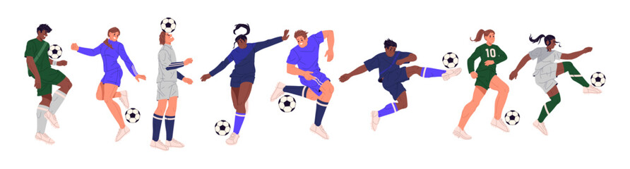 Male and female characters playing football. Vector isolated personages kicking balls, motion and activity. Professional match of athletes. Movements and lifestyle of girls and boys. Players of soccer © Sensvector