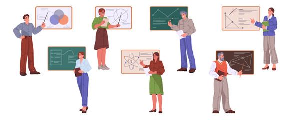 Teachers and scientists standing by boards and teaching various subjects. Vector isolated professors educating chemistry and physics, mathematics and social sciences. Characters with pointers