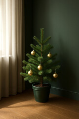 Minimalist Christmas Tree in Cozy Modern Interior with Golden Ornaments