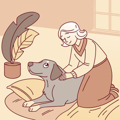 Senior woman caring for her dog in a cozy indoor setting
