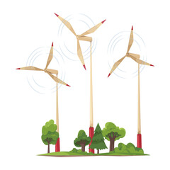 Power plant sustainable and renewable energy generation. Vector isolated wind turbines rotating and accumulating electricity. Ecological living and environmental care, innovating technologies