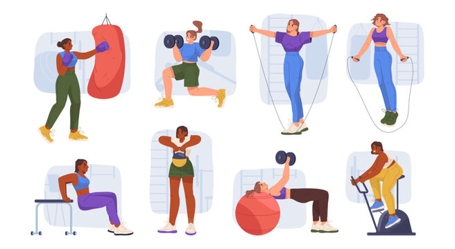 Exercises and working out. Vector isolated female characters in gym training and doing push ups and squats. Using ball and orbitrek, bike and skipping rope. Active lifestyle and strengthening