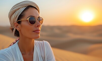 Young woman in sunglasses and headscarf enjoying sunset view over sand dunes in desert landscape. Golden hour atmospheric portrait captures wanderlust and travel lifestyle.