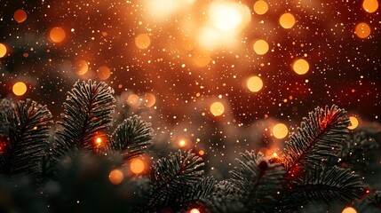 Evergreen branches adorned with warm glowing lights and soft falling snowflakes create a magical winter atmosphere, evoking feelings of joy and celebration during the holiday season