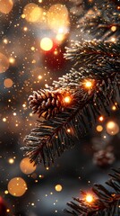 Close-up of frosted pine branch adorned with warm glowing lights and sparkling bokeh, creating a festive atmosphere for holiday celebrations and winter joy